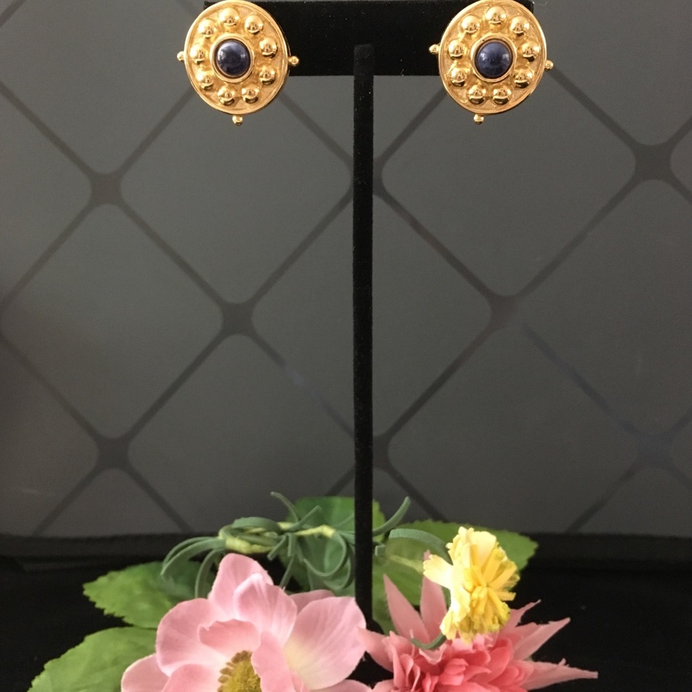 Gold Pierced Nautical Earrings -Navy/Black stones